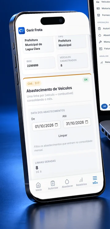 Tela de exportação para o TCE-PI no Gerir Frota, com a entidade, o relatório Abastecimento de Veículos validado e as linhas geradas