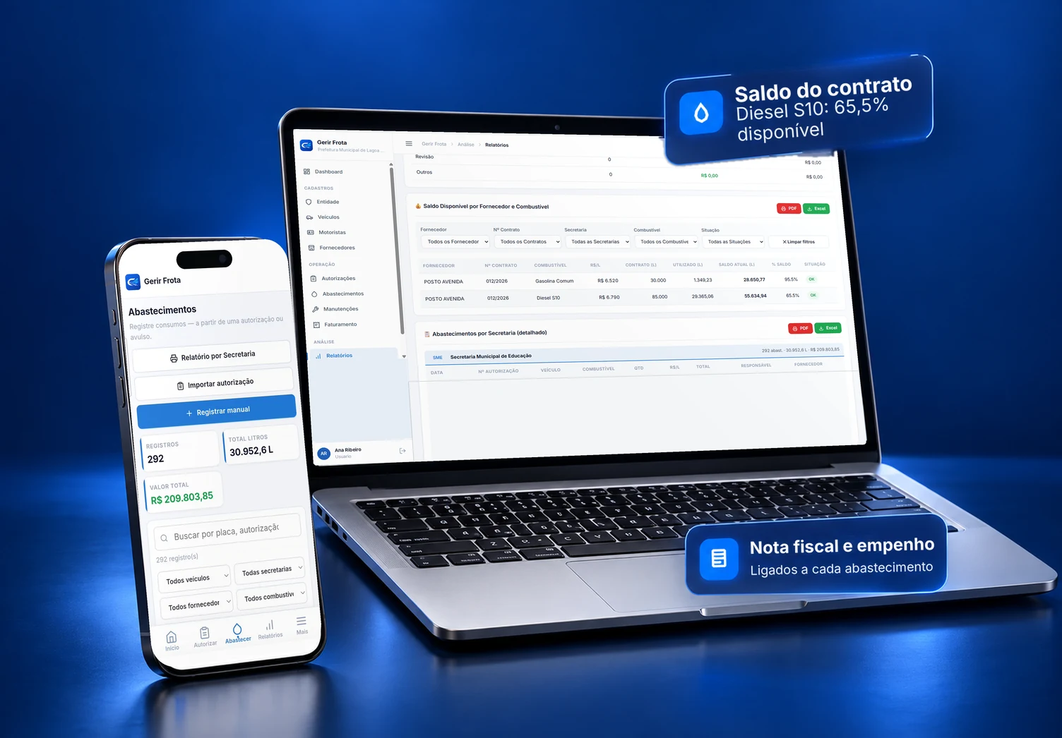 Notebook com o relatório de saldo disponível por fornecedor e combustível e celular com os abastecimentos registrados no Gerir Frota