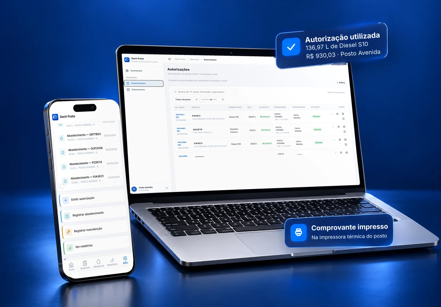 Notebook com a tela do fornecedor no Gerir Frota, com as autorizações vinculadas ao posto, e celular com os abastecimentos recentes